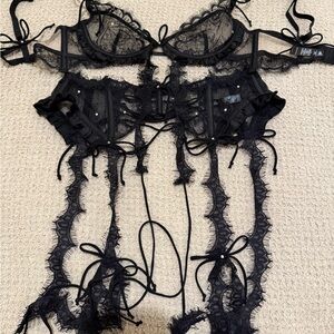For Love & Lemons Black Sheer Lace Bra & Garter Set